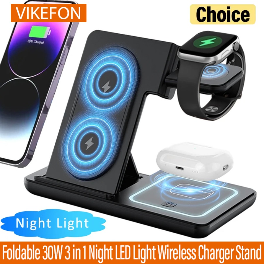 Wireless Charger Watch - 3 in 1 Foldable Night LED